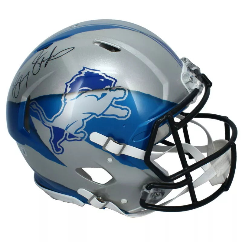 Barry Sanders Autographed Detroit Lions ECC Custom Ripped Blue/Silver Speed Authentic Helmet Beckett Witnessed