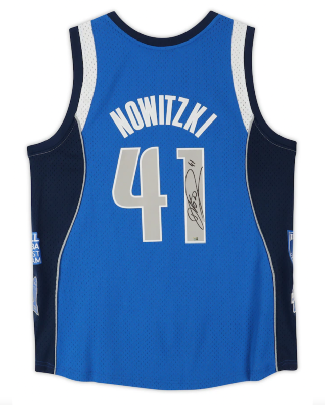 Dirk Nowitzki Autographed Dallas Mavericks Blue Mitchell & Ness Swingman Jersey with Multiple Patches Fanatics