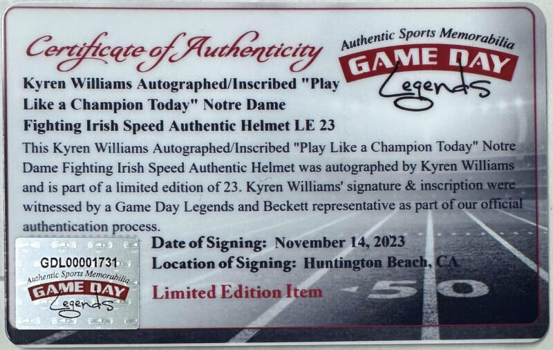 Kyren Williams Autographed/Inscribed "Play Like a Champion Today" Notre Dame Fighting Irish Speed Authentic Helmet LE 23/23 GDL & Beckett Witnessed