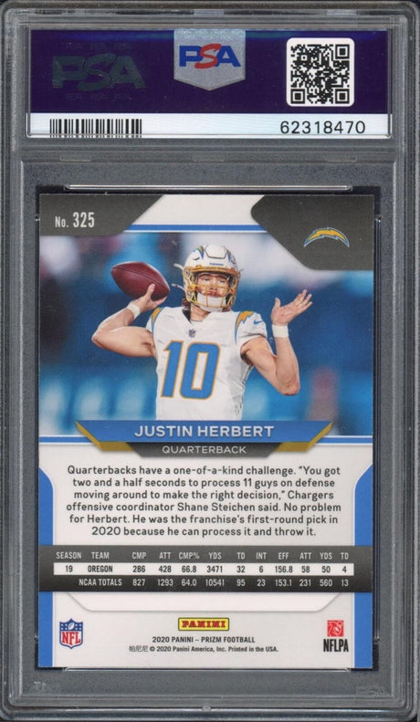 JUSTIN HERBERT 2020 PANINI PRIZM RC #325 CHARGERS PSA GEM MINT 10