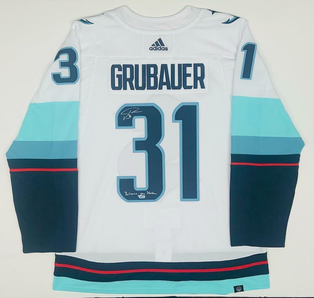 PHILIPP GRUBAUER Autographed/Inscribed "Release The Kraken" Seattle Kraken White Adidas Authentic Jersey with Inaugural Season Patch FANATICS