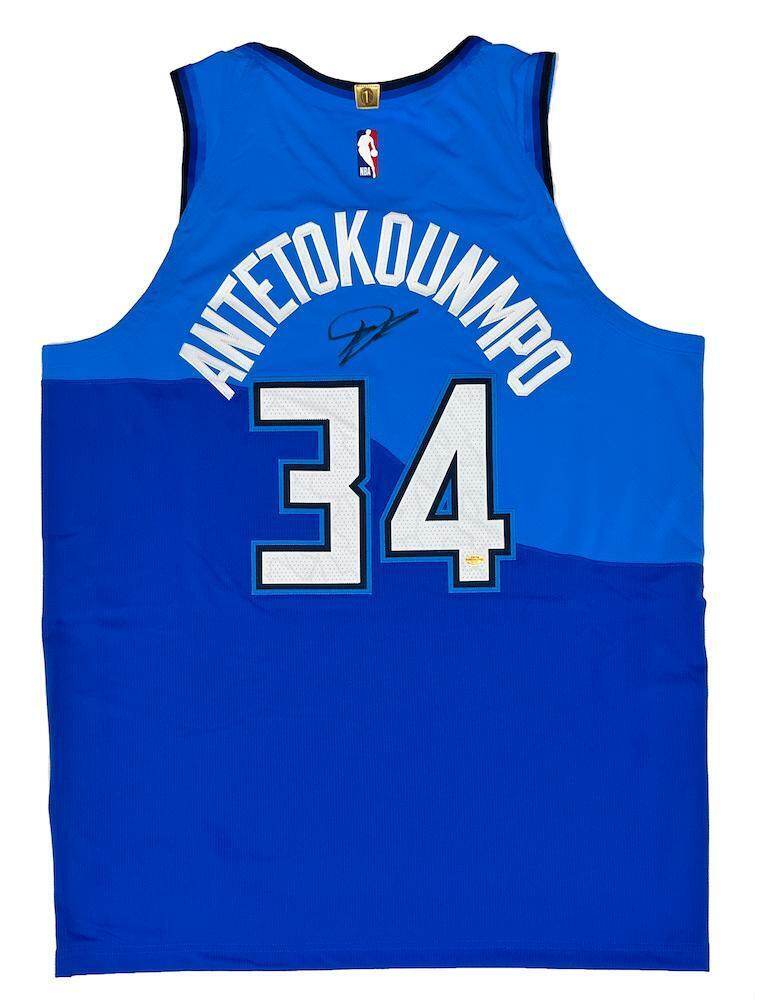 GIANNIS ANTETOKOUNMPO Autographed Milwaukee Bucks Blue Nike City Edition Swingman Jersey BECKETT/JSA