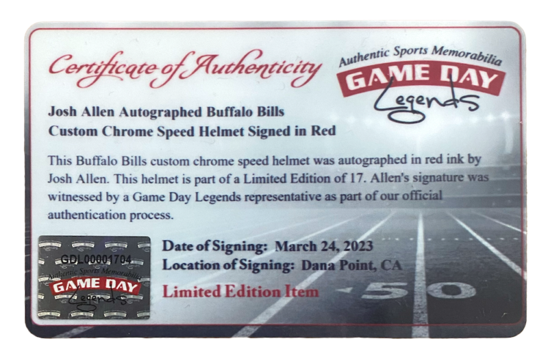 Josh Allen Autographed Buffalo Bills Chrome Speed Authentic Helmet Signed In Red LE 17/17 GDL/Beckett Witnessed