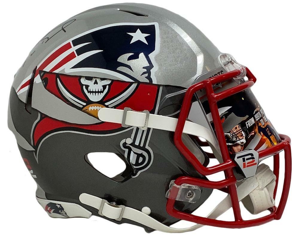 TOM BRADY Autographed New England Patriots/Tampa Bay Buccaneers "Mash Up" Custom Authentic Speed Helmet FANATICS LE 1/12