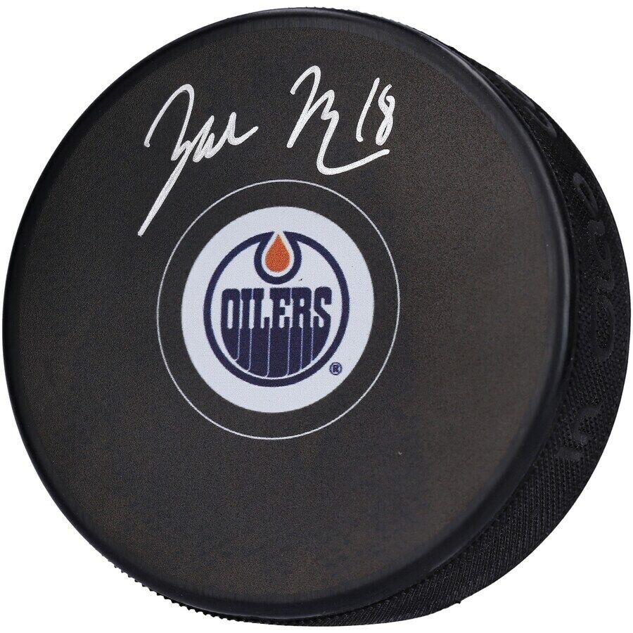 ZACH HYMAN Autographed Edmonton Oilers Logo Hockey Puck FANATICS