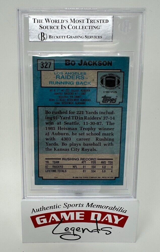 Bo Jackson Autographed Los Angeles Raiders 1988 Topps #327 Topps Super Rookie RC Beckett Encapsulated