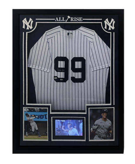 Aaron Judge Autographed Custom Framed Authentic Yankees Nike White Pinstripe Authentic Jersey w/Highlight Monitor Fanatics