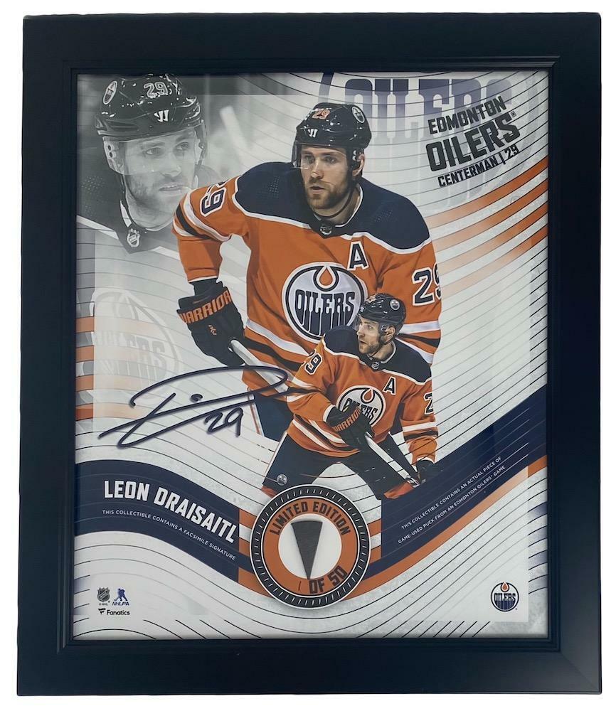 LEON DRAISAITL Framed Edmonton Oilers 15 " x 17 " Game Used Puck Collage LE 1/50