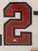 Tom Brady Autographed/Inscribed "SB LV MVP" Tampa Bay Buccaneers Custom Framed Nike White Limited Jersey with Photos Fanatics (V2)