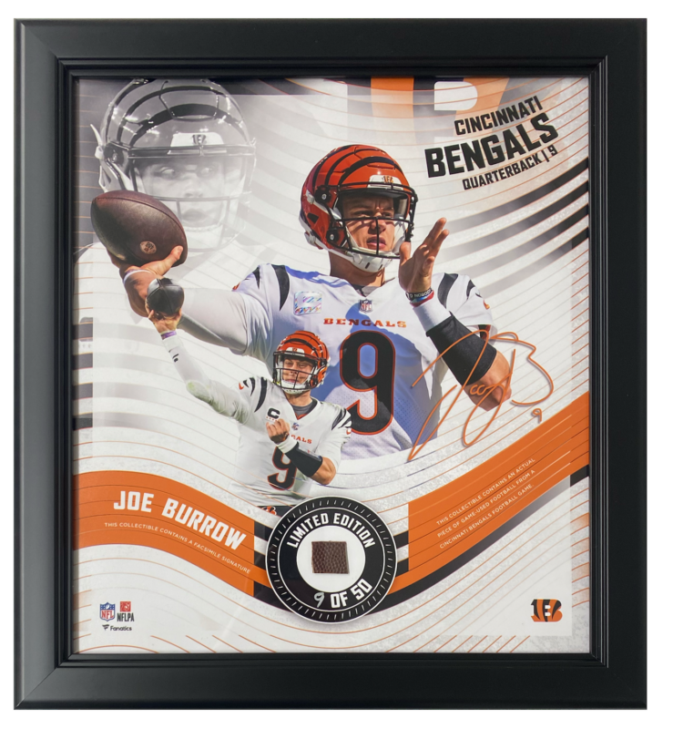 Joe Burrow Cincinnati Bengals White Jersey Framed 15" x 17" Game Used Football Display LE 9/50