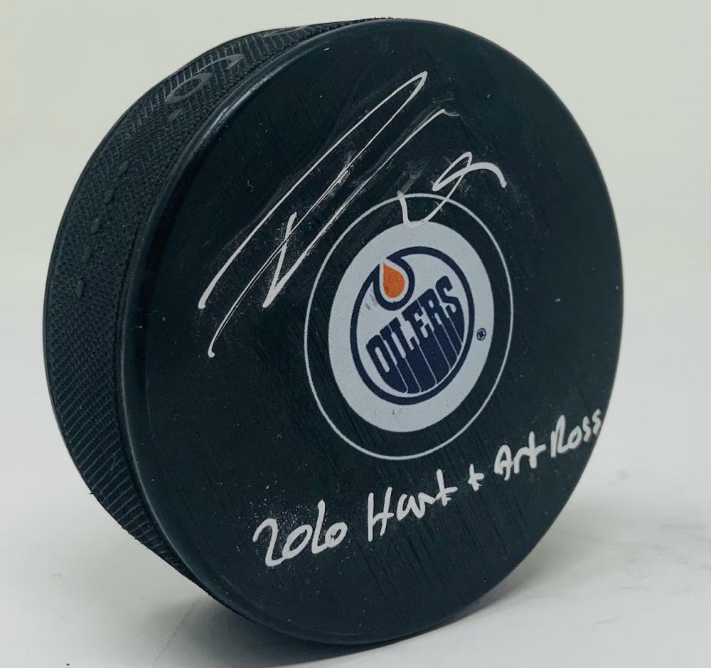 LEON DRAISAITL Autographed/Inscribed "2020 Hart + Art Ross" Edmonton Oilers Logo Puck FANATICS