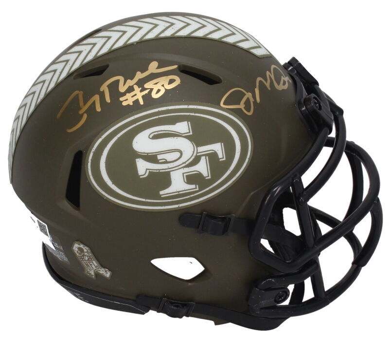 Jerry Rice/Joe Montana Dual Autographed San Francisco 49ers 2022 Salute to Service Speed Mini Helmet Fanatics LE 24/24