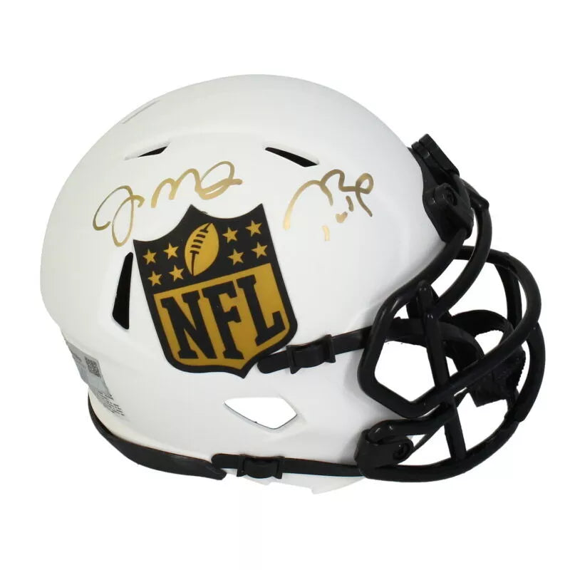 Tom Brady / Joe Montana Dual Autographed NFL Shield Speed Lunar Eclipse Mini Helmet Fanatics LE 24/24