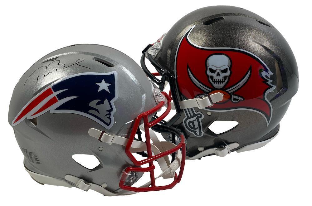 TOM BRADY Patriots Side Autographed Patriots / Buccaneers Combo Speed Authentic Helmet FANATICS