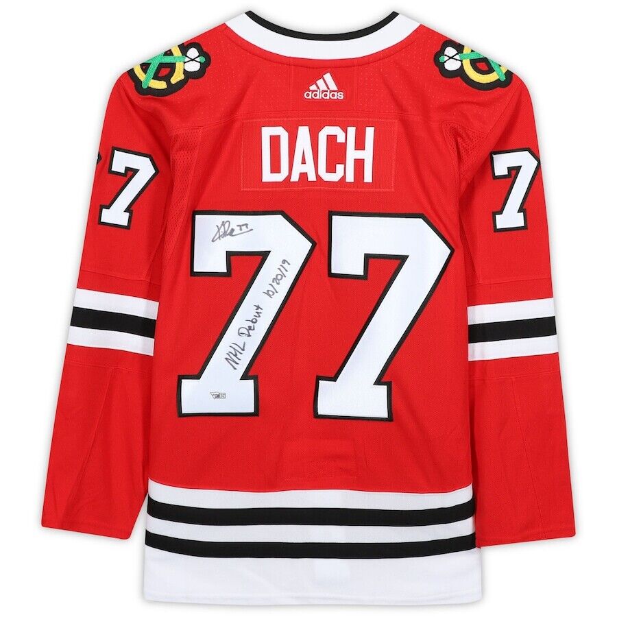 KIRBY DACH Autographed/Inscribed "NHL Debut 10/20/19" Chicago Blackhawks Red Adidas Authentic Jersey FANATICS