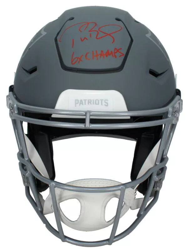 Tom Brady Autographed/Inscribed "6X CHAMPS" (in Red) New England Patriots Slate Speedflex Authentic Helmet LE 25