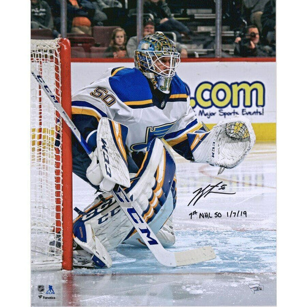 JORDAN BINNINGTON Autographed St. Louis Blues "1st NHL SO 1/7/19" 16 x 20 Photo FANATICS