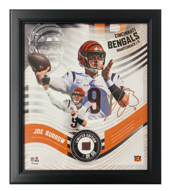 Joe Burrow Cincinnati Bengals White Jersey Framed 15" x 17" Game Used Football Display LE 1/50