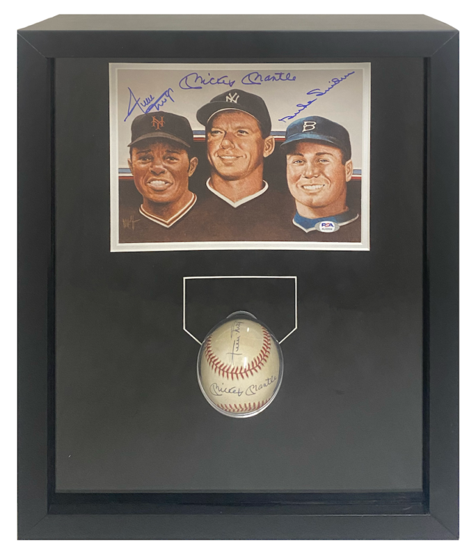 Duke Snider, Mickey Mantle & Willie Mays Triple Autographed Photo & Baseball Display PSA/DNA