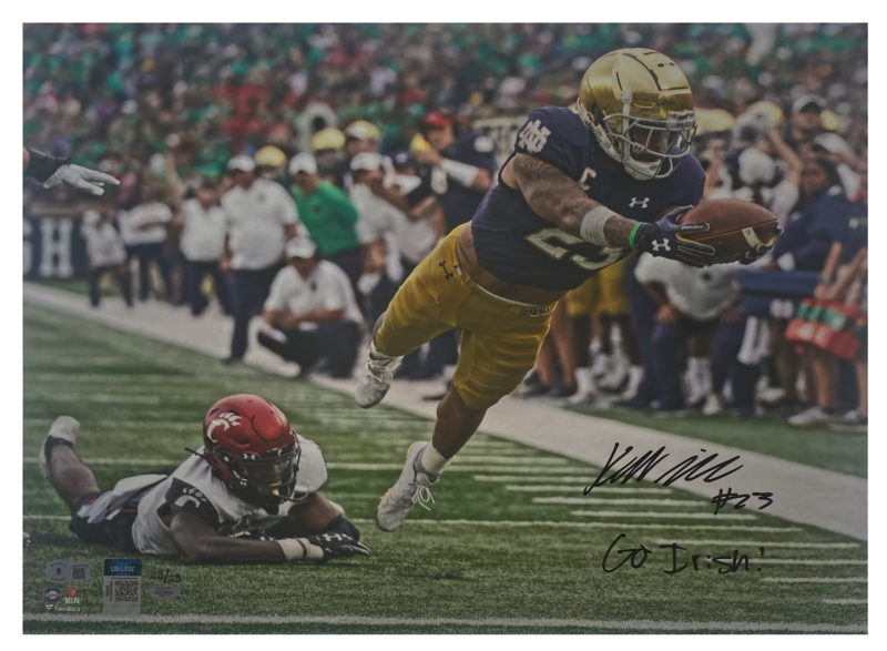 Kyren Williams Autographed/Inscribed "GO IRISH!" Notre Dame Fighting Irish "Diving TD" 16" x 20" Photograph LE 23/23 GDL & Beckett Witnessed