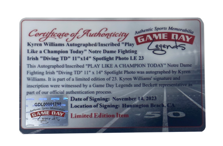 Kyren Williams Autographed/Inscribed "PLAY LIKE A CHAMPION TODAY" Notre Dame Fighting Irish "Diving TD" 11" x 14" Spotlight Photograph LE 23/23 GDL & Beckett Witnessed