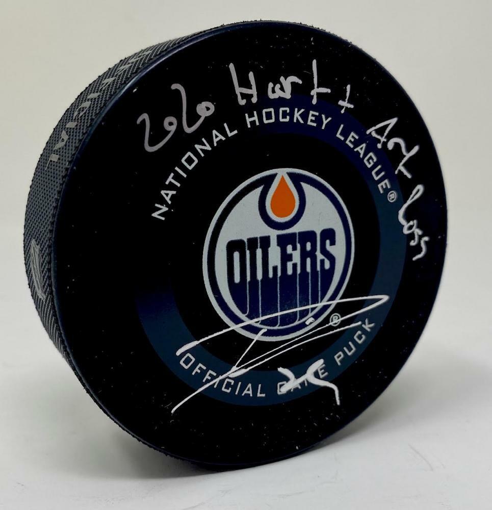 LEON DRAISAITL Autographed/Inscribed "2020 Hart + Art Ross" Edmonton Oilers Official Game Hockey Puck FANATICS