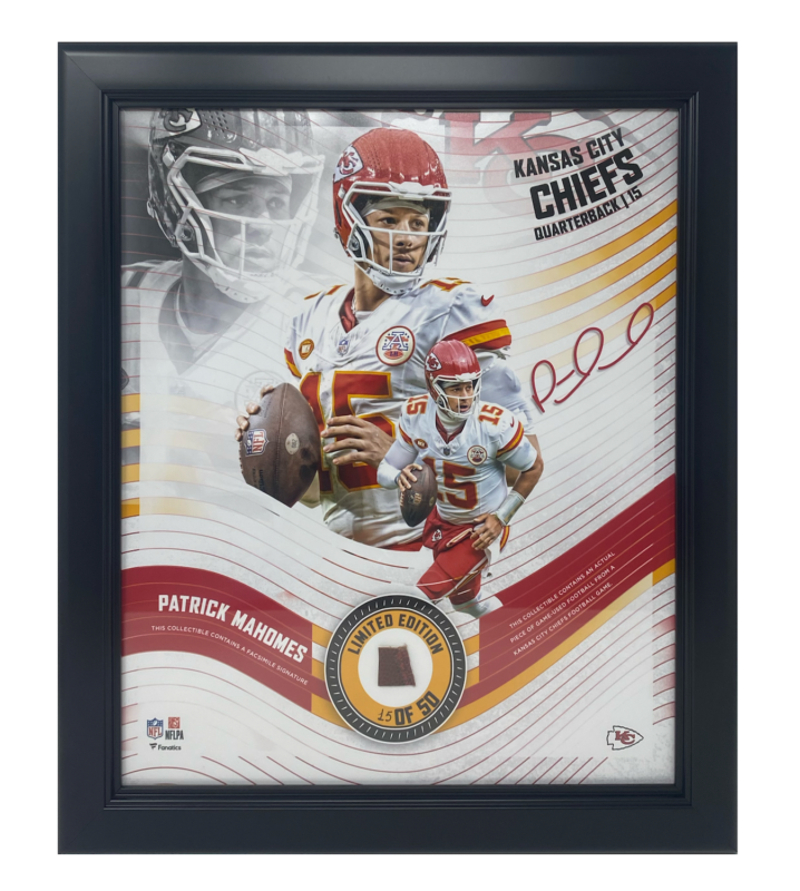 Patrick Mahomes Kansas City Chiefs White Uniform Framed 15" x 17" Game Used Football Collage LE 15/50