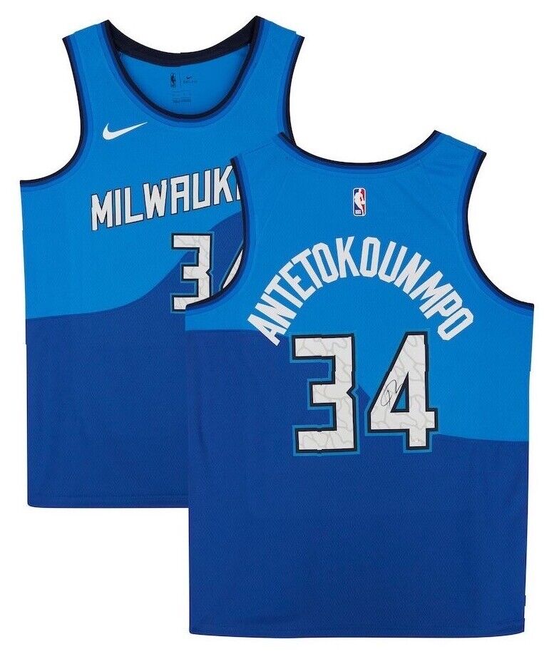 GIANNIS ANTETOKOUNMPO Autographed Milwaukee Bucks Blue Nike City Edition Swingman Jersey FANATICS