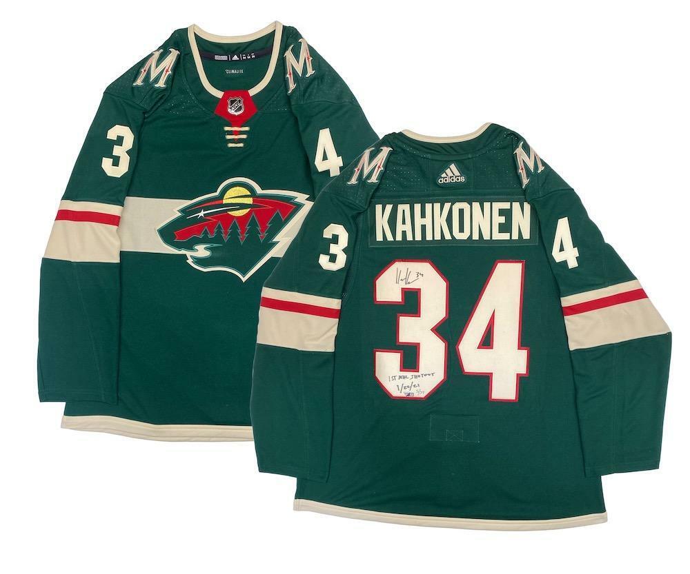 KAAPO KAHKONEN Autographed/Inscribed "1ST SHUTOUT 1-22-21" Minnesota Wild Green Adidas Jersey FANATICS LE 34