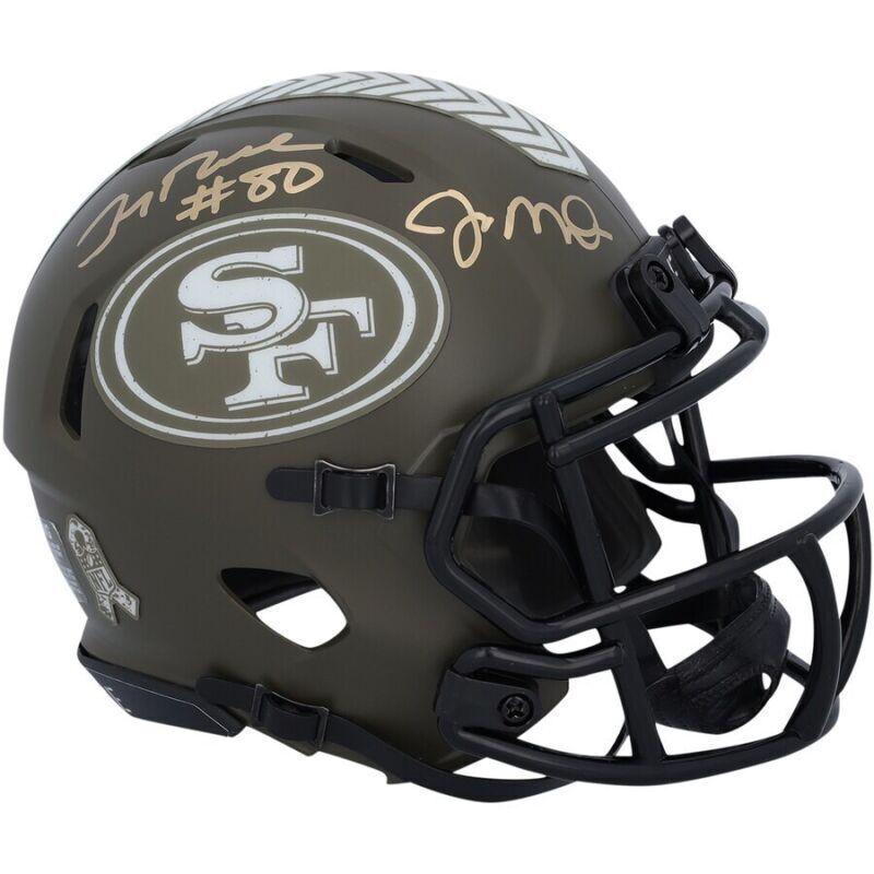 Jerry Rice/Joe Montana Dual Autographed San Francisco 49ers 2022 Salute to Service Speed Mini Helmet Fanatics LE 24