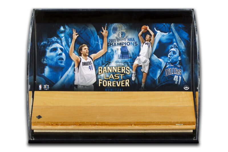 Dirk Nowitzki Dallas Mavericks Banners Last Forever NBA Game Used Floor Acrylic Desktop Curved Display UDA