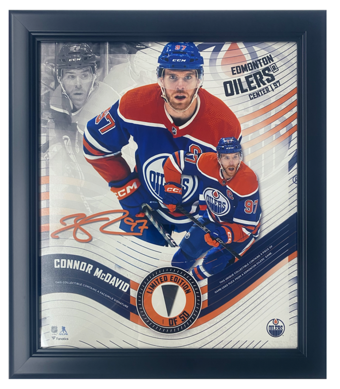 Connor McDavid Framed Edmonton Oilers Blue Jersey 15 " x 17 " Game Used Puck Collage LE 1/50