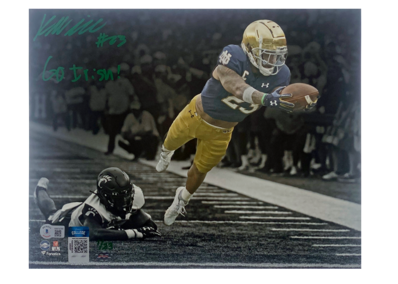 Kyren Williams Autographed/Inscribed "GO IRISH!" Notre Dame Fighting Irish "Diving TD" 11" x 14" Spotlight Photograph LE 1/23 GDL & Beckett Witnessed