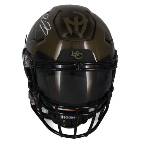 Patrick Mahomes Autographed Kansas City Chiefs Black/Olive Green Custom Painted Speedflex Authentic Helmet with Shocc Visor and 3D Bumpers Beckett Witnessed