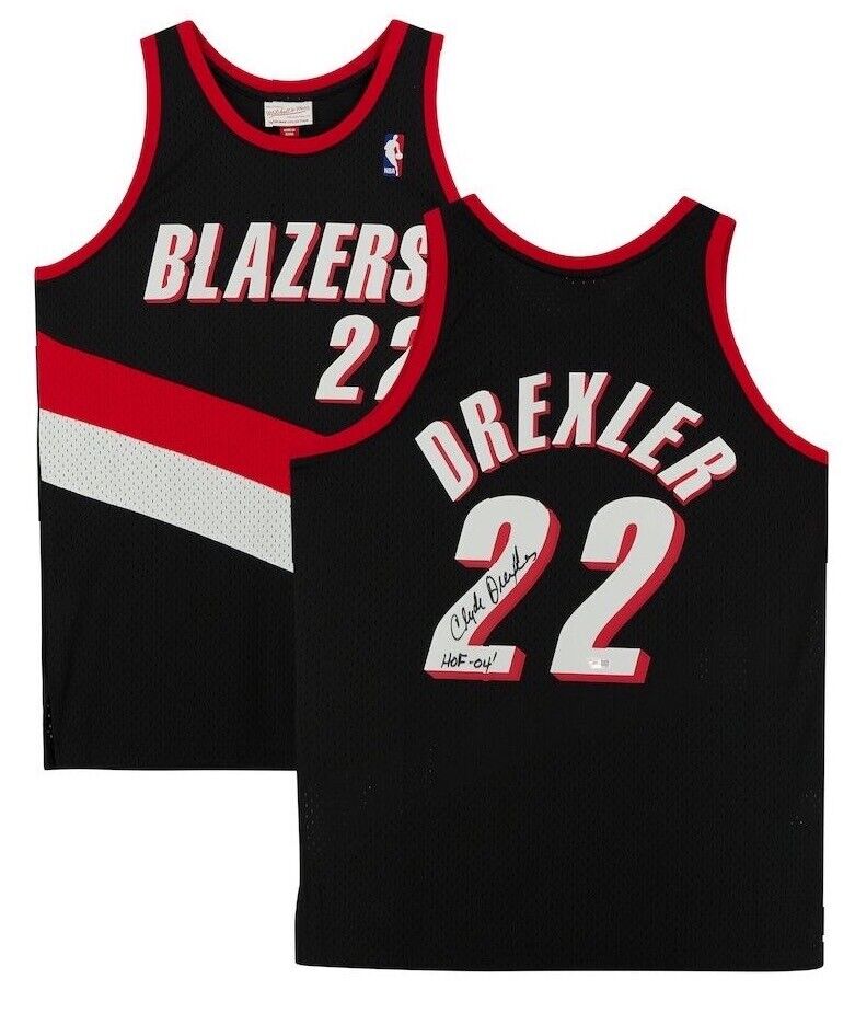 CLYDE DREXLER Autographed/Inscribed "HOF-04' " Portland Trailblazers Black Mitchell & Ness Replica Jersey FANATICS