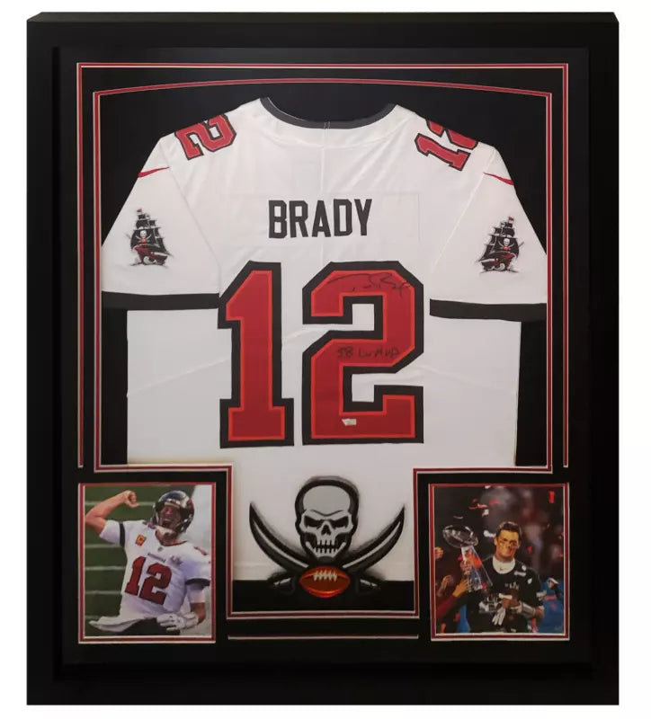 Tom Brady Autographed/Inscribed "SB LV MVP" Tampa Bay Buccaneers Custom Framed Nike White Limited Jersey with Photos Fanatics (V2)