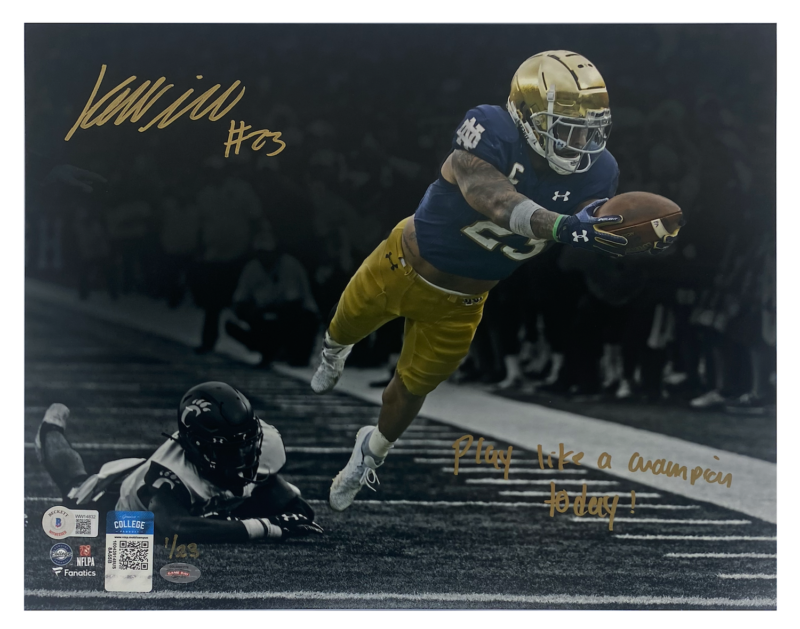 Kyren Williams Autographed/Inscribed "PLAY LIKE A CHAMPION TODAY" Notre Dame Fighting Irish "Diving TD" 11" x 14" Spotlight Photograph LE 1/23 GDL & Beckett Witnessed