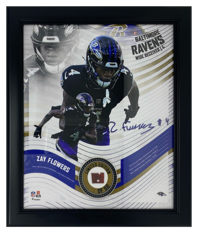 Zay Flowers Framed Baltimore Ravens 15" x 17" Game Used Football Collage LE 1/50