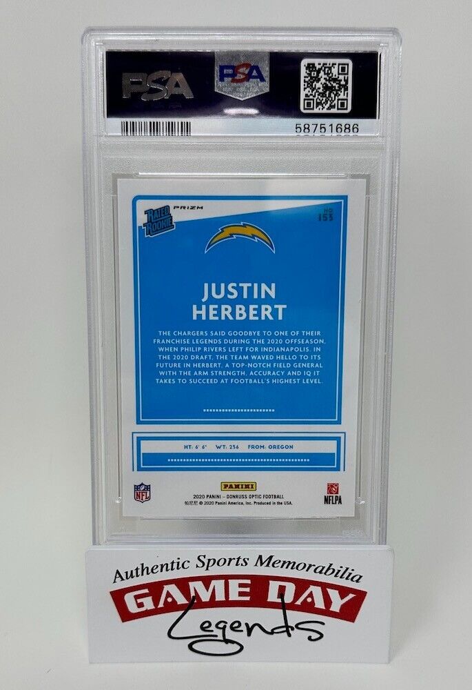 Justin Herbert Los Angeles Chargers 2020 Panini Donruss Optic NFL Rated Rookie Teal Velocity SSP #153 PSA GEM MT 10