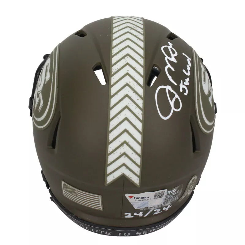 Joe Montana Autographed/Inscribed "Joe Cool" San Francisco 49ers 2022 Salute to Service Speed Mini Helmet Fanatics LE 24/24