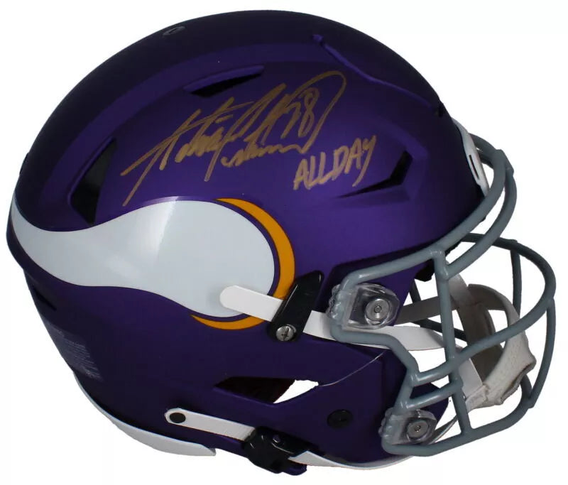 Adrian Peterson Autographed/Inscribed "ALL DAY" Minnesota Vikings 2023 Alternate Tribute Speedflex Authentic Helmet Beckett Witnessed