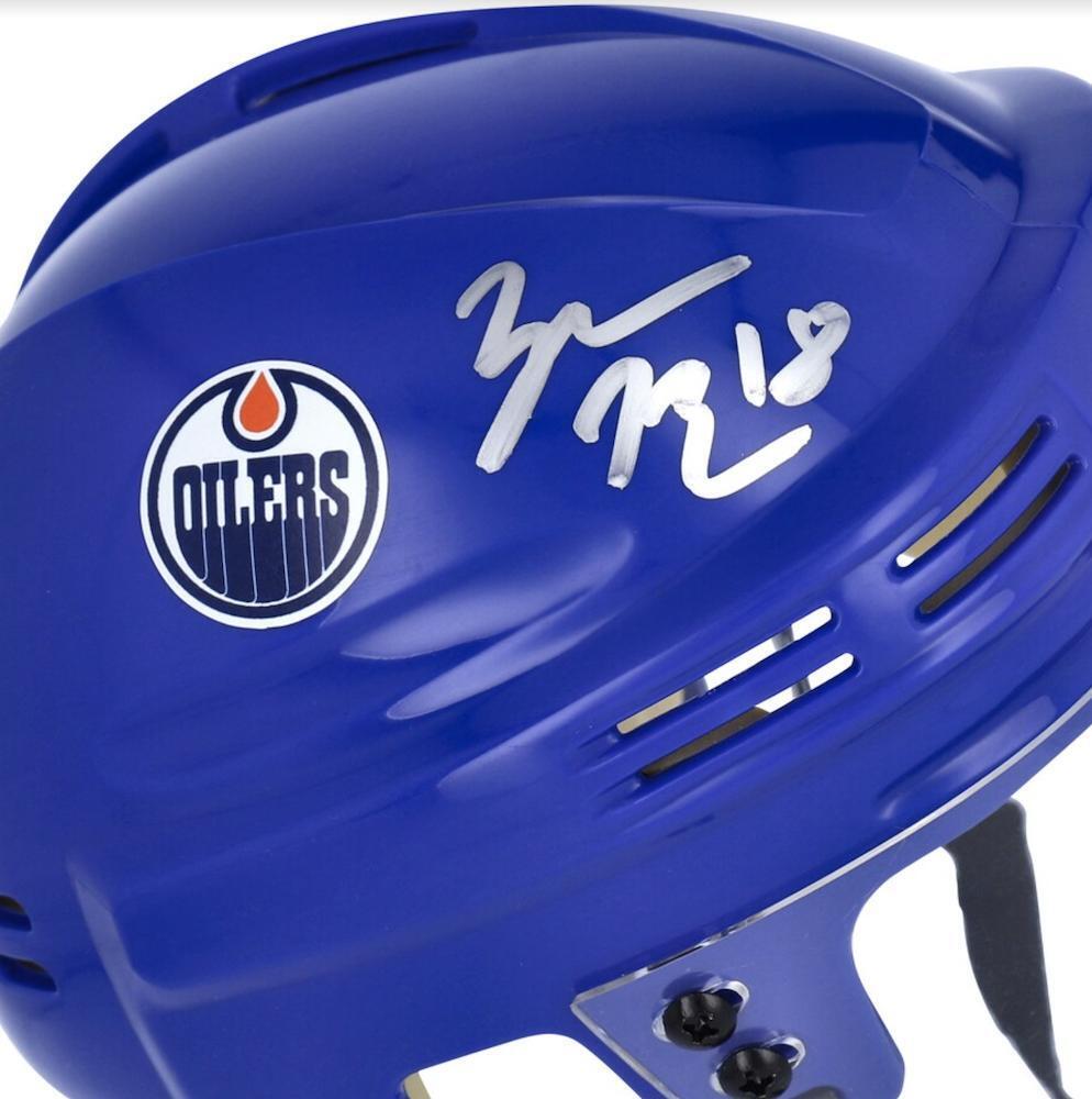 ZACH HYMAN Autographed Edmonton Oilers Blue Mini Helmet FANATICS