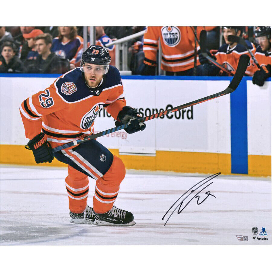 LEON DRAISAITL Autographed Edmonton OIlers Orange Jersey Skating 16" x 20" Photograph FANATICS