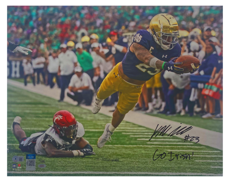 Kyren Williams Autographed/Inscribed "GO IRISH!" Notre Dame Fighting Irish "Diving TD" 16" x 20" Photograph LE 1/23 GDL & Beckett Witnessed