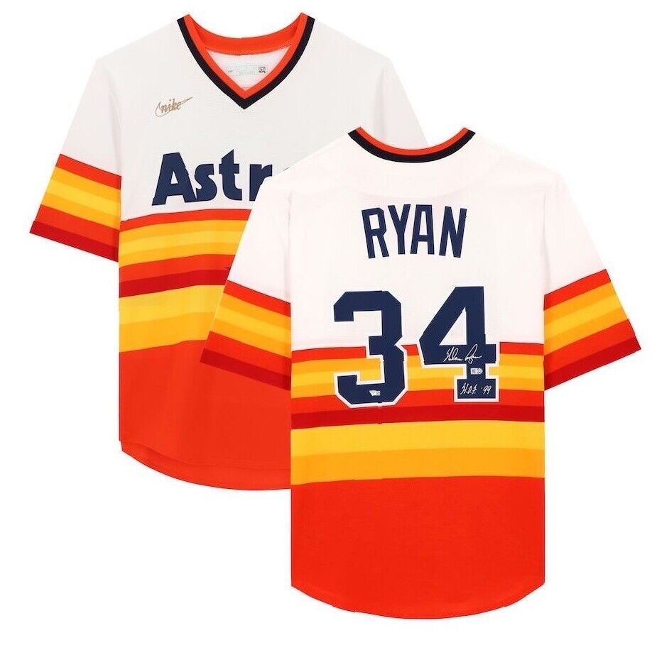 NOLAN RYAN Autographed/Inscribed "HOF 99" Houston Astros Authentic Rainbow Nike Throwback Jersey FANATICS