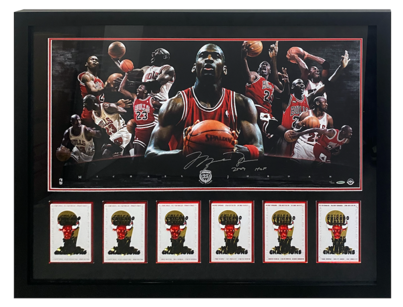 Michael Jordan Autographed "2009 HOF" Chicago Bulls Custom Framed 36" x 18" Photo w/Banners UDA LE 123