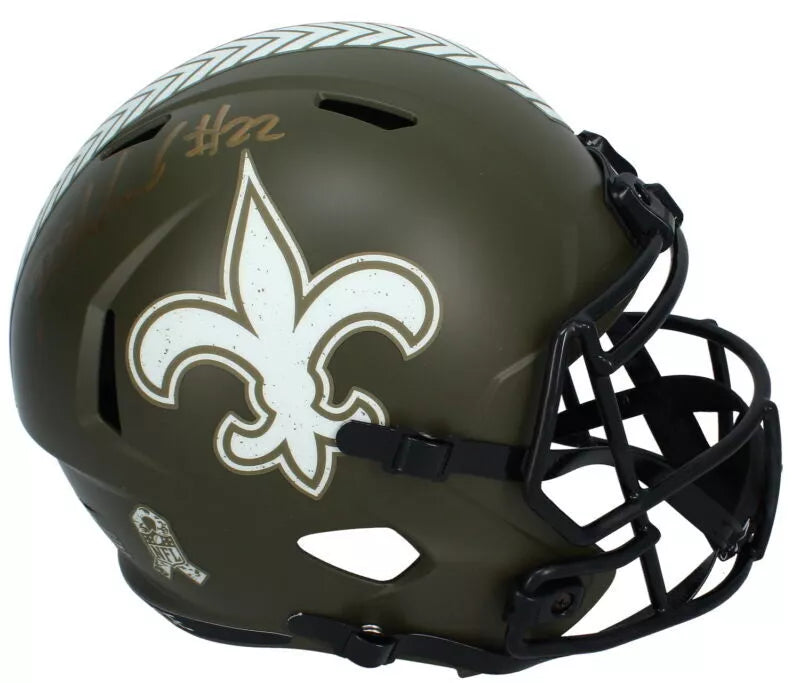 Rashid Shaheed Autographed (In Gold) New Orleans Saints 2022 Salute to Service Speed Full Size Helmet Beckett Witnessed