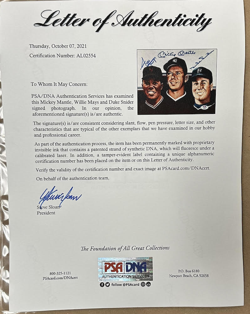 Duke Snider, Mickey Mantle & Willie Mays Triple Autographed Photo & Baseball Display PSA/DNA