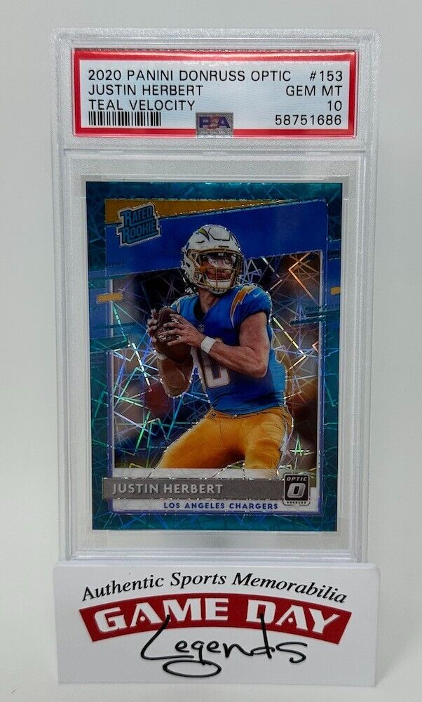 Justin Herbert Los Angeles Chargers 2020 Panini Donruss Optic NFL Rated Rookie Teal Velocity SSP #153 PSA GEM MT 10