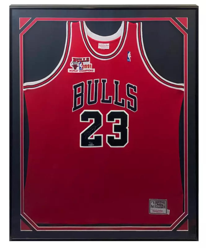 Michael Jordan Autographed Chicago Bulls Framed Red Mitchell & Ness Authentic Jersey with 1991 NBA Finals Patch LE 5/23 UDA